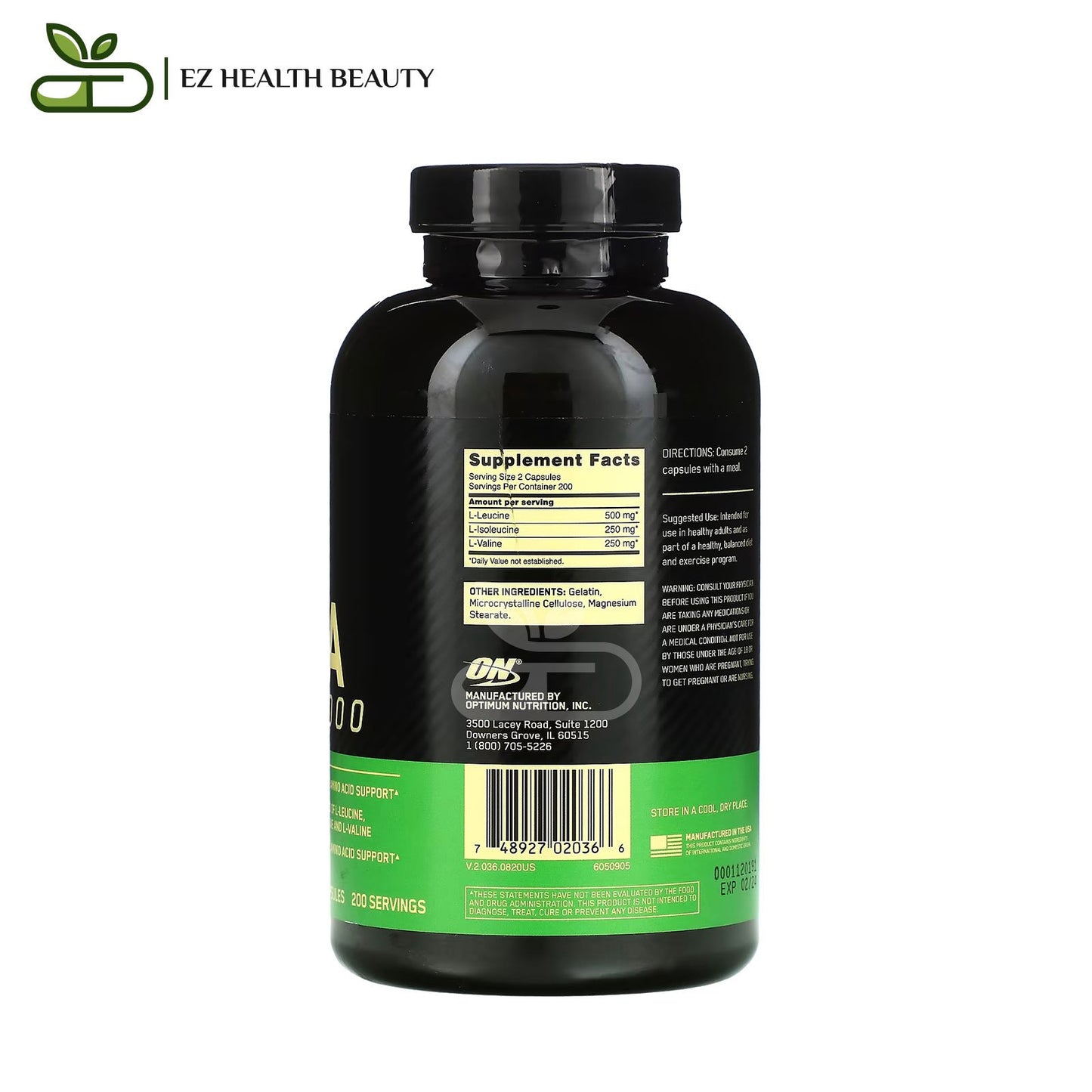 Supplement BCAA 1000 -500 mg- Optimum Nutrition - 400 Capsules to increase physical strength