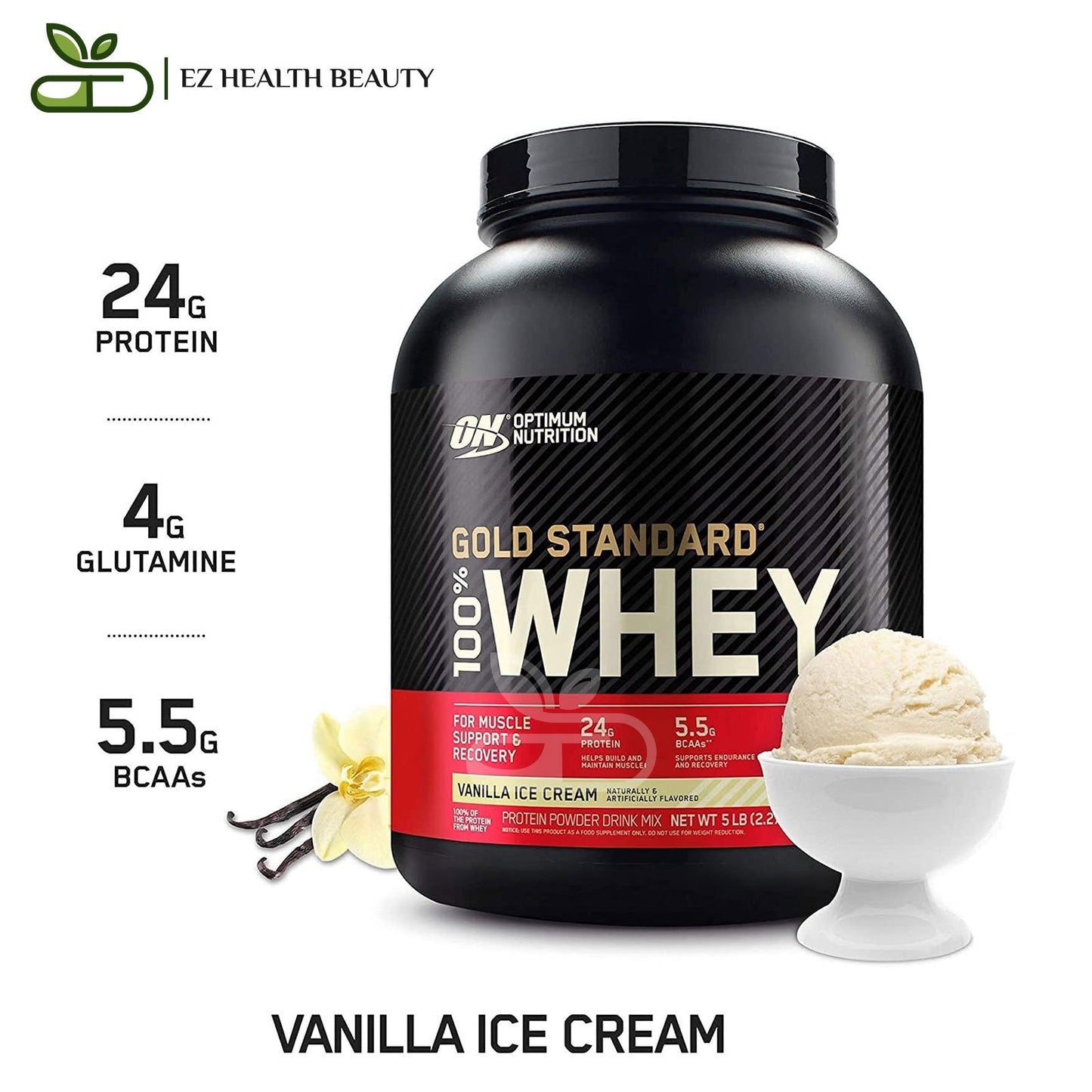 المكمل الرياضي Whey gold standard لبناء العضلات أوبتيموم نيوتريشن | واي بروتين جولد ستاندرد بنكهة آيس كريم الفانيليا 2.27 كجم