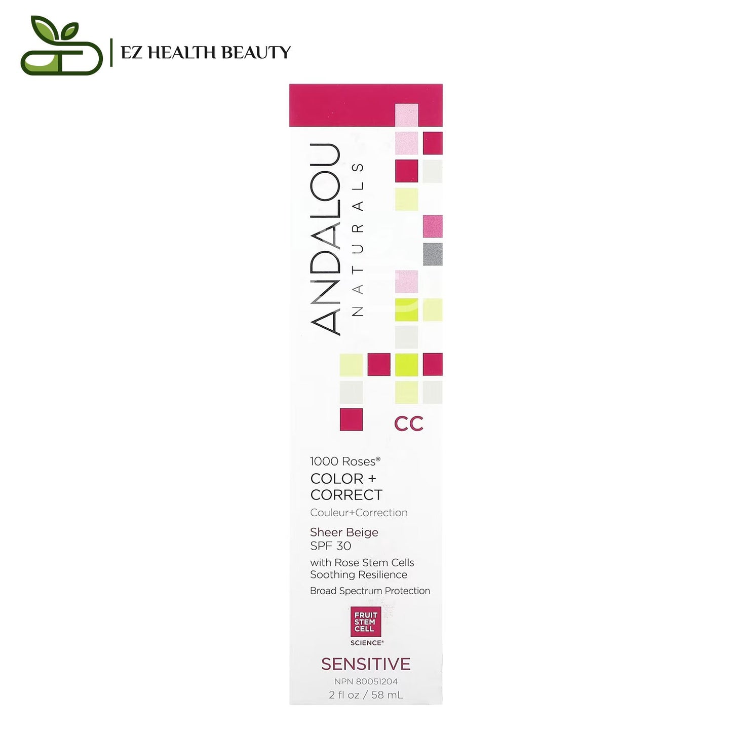 Andalou Naturals 1000 Roses CC Color + Correct, Sensitive, SPF 30, Sheer Beige, 2 fl oz (58 ml)