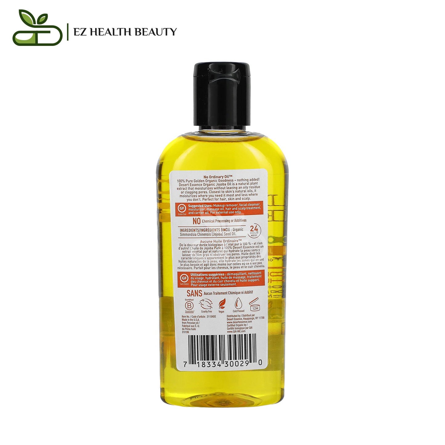 Organic Jojoba Oil For Hair, Skin and Scalp Desert Essence 4 fl oz (118 ml)