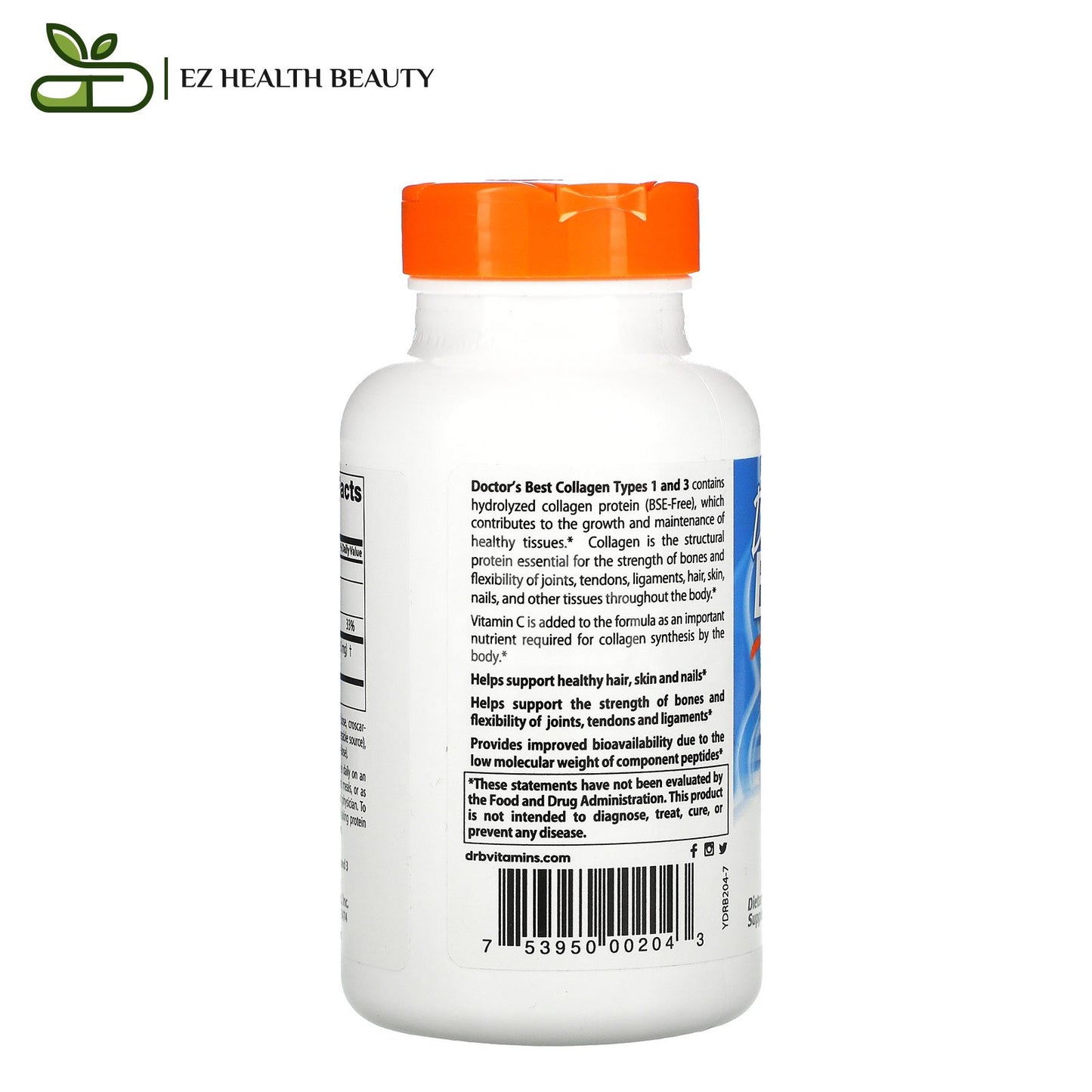 حبوب الكولاجين مع فيتامين سي للشعر والبشرة والأظافر والعظام 1000 مجم 180 كبسولة Collagen Types 1 and 3 with Peptan and Vitamin C Doctor`s Best