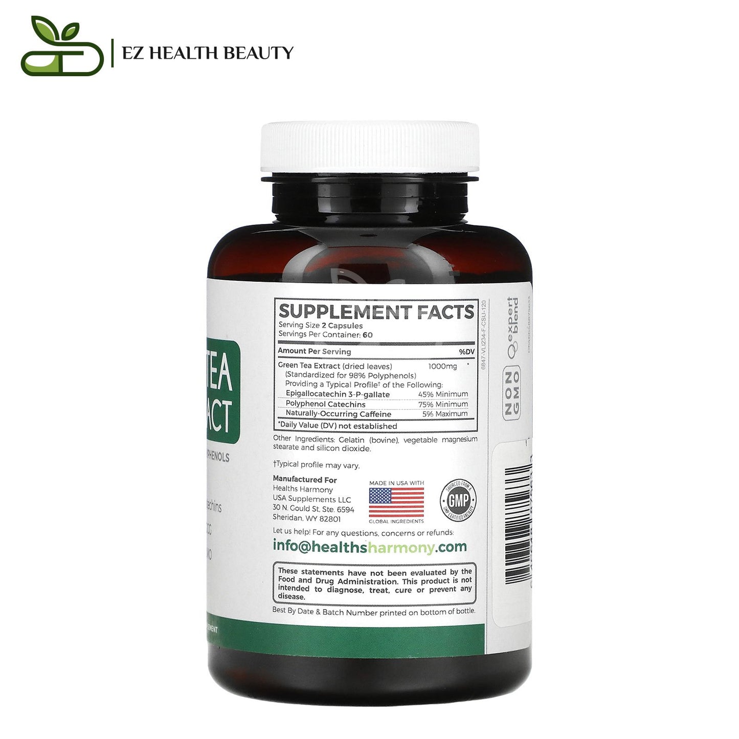 Green Tea Extract 98% To Support Energy And General Health Healths Harmony 120 Capsules
