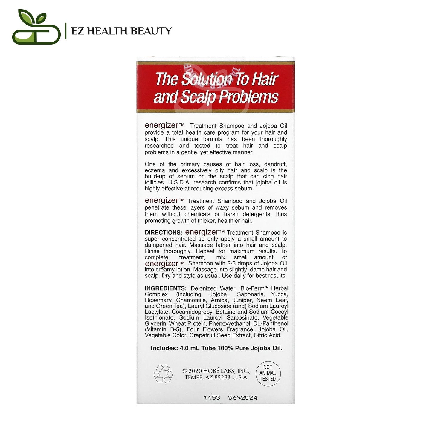 انرجايزر شامبو علاجي لشعر صحي مع زيت الجوجوبا وفيتامين ب 118 مل Energizer Treatment Shampoo with Jojoba & Vitamin B Hobe Labs