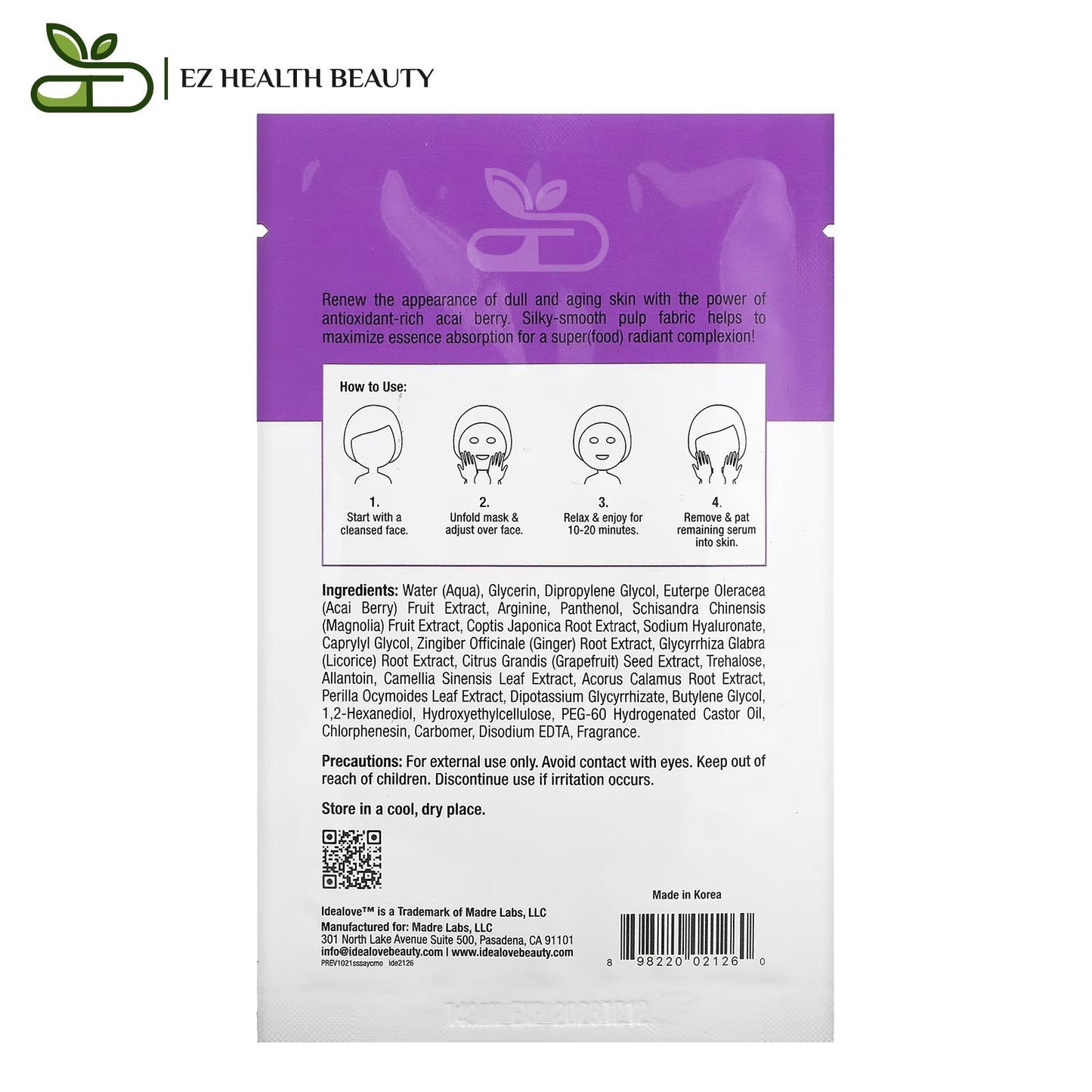 Superfood Skin Savior Mask Acai You Checking Me Out Idealove 1 Beauty Sheet Mask 0.68 fl oz (20 ml)