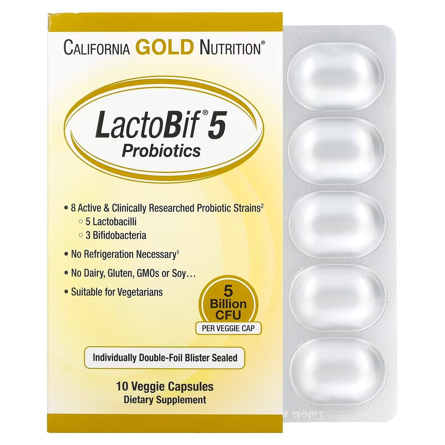 بروبيوتيك حبوب لاكتوبيف لتعزيز صحة الجهاز الهضمي 10 كبسولة 5 مليار وحدة lactobif 5 Probiotics California Gold Nutrition