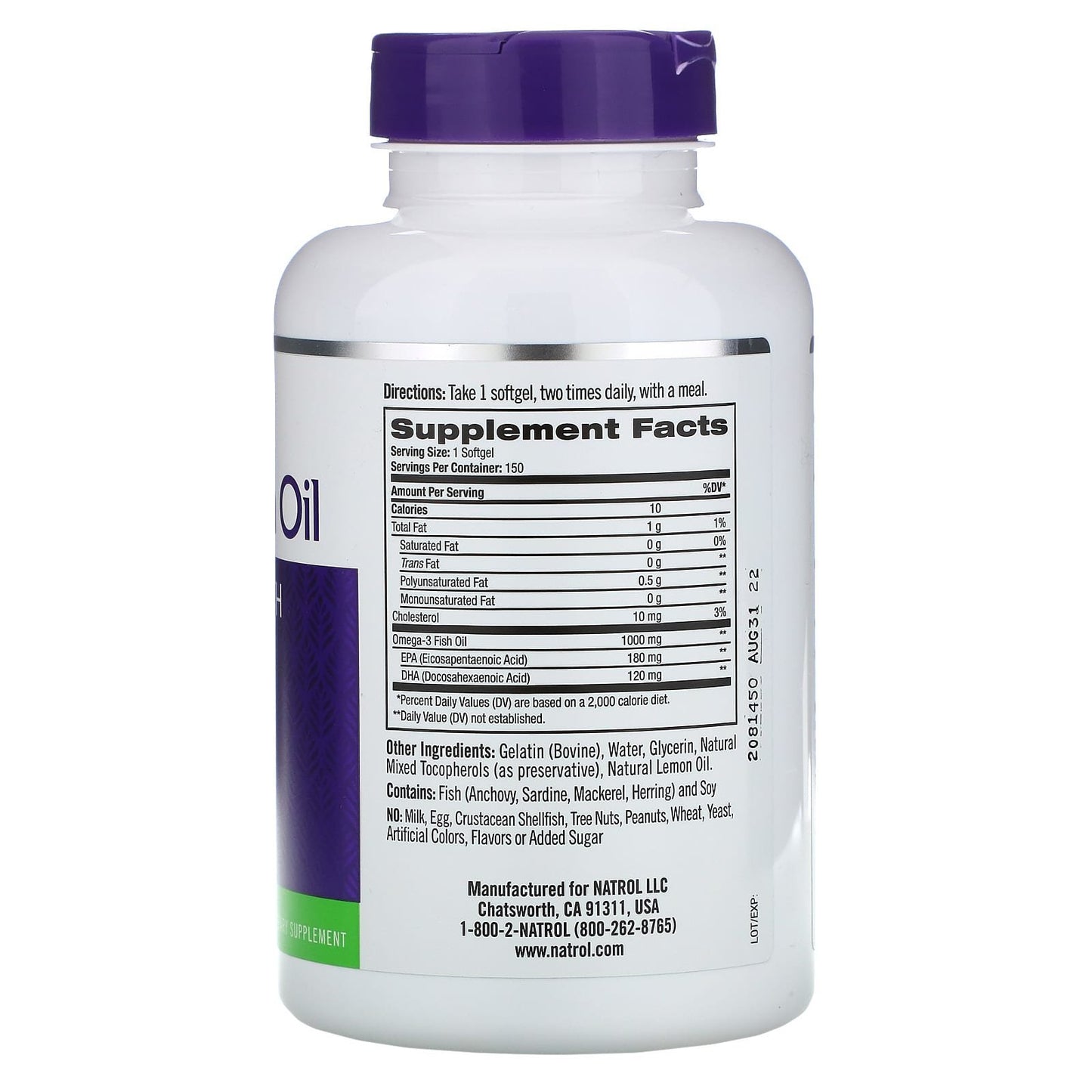 Natrol Omega 3 Fish Oil Natural Lemon Flavor - 1000 mg x 150 soft gels