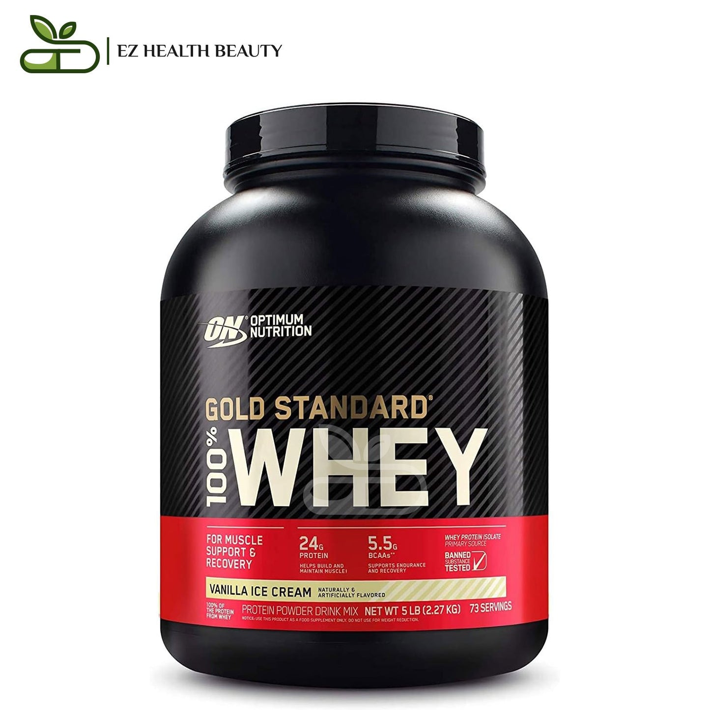المكمل الرياضي Whey gold standard لبناء العضلات أوبتيموم نيوتريشن | واي بروتين جولد ستاندرد بنكهة آيس كريم الفانيليا 2.27 كجم