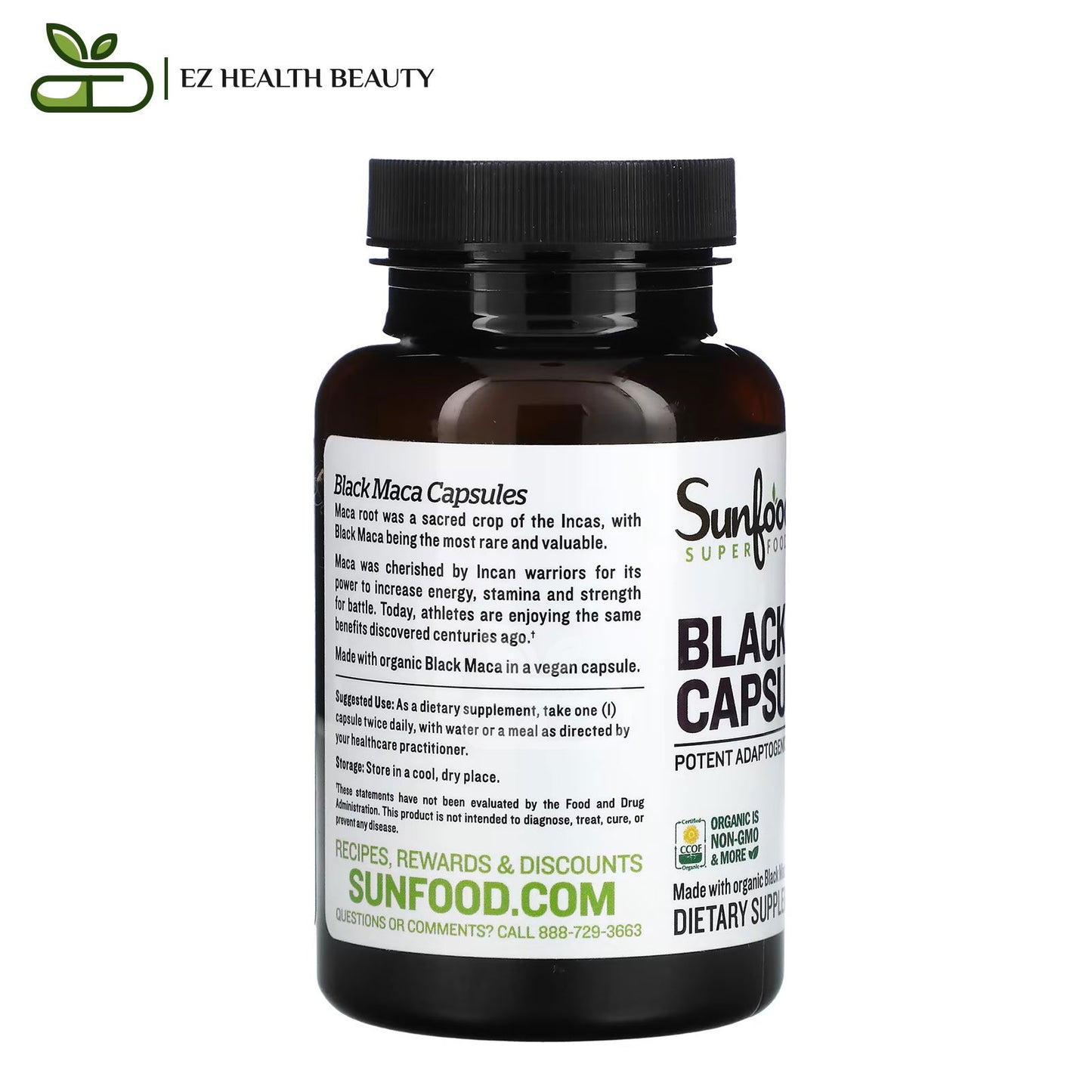 كبسولات الماكا السوداء لدعم الصحة الجنسية للرجال والنساء 800 مجم 90 كبسولة - Sunfood, Black Maca, 800 mg, 90 Capsules