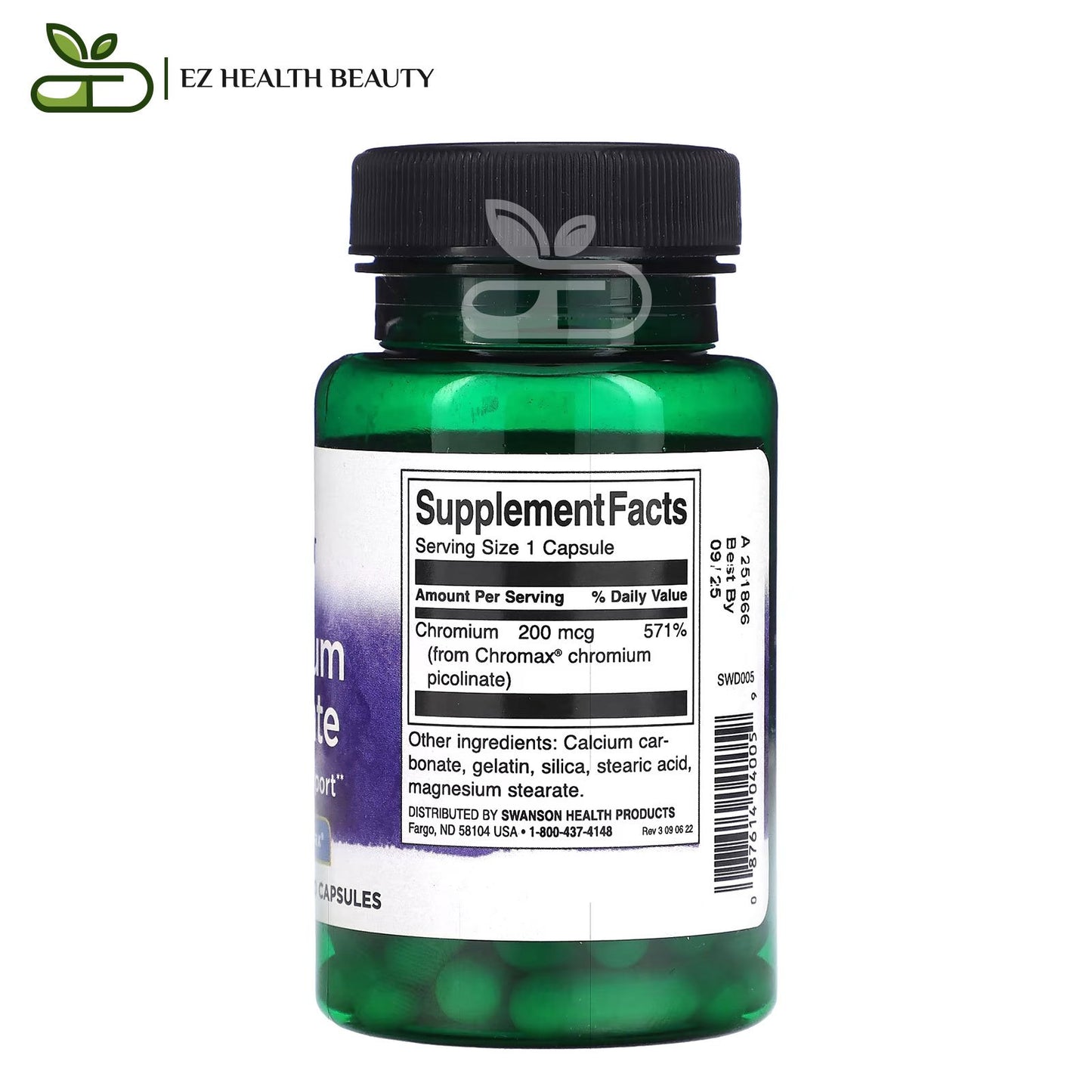 حبوب chromium picolinate 200 كروميوم بيكولينات لتنظيم مستوي السكر 60 كبسولة Swanson
