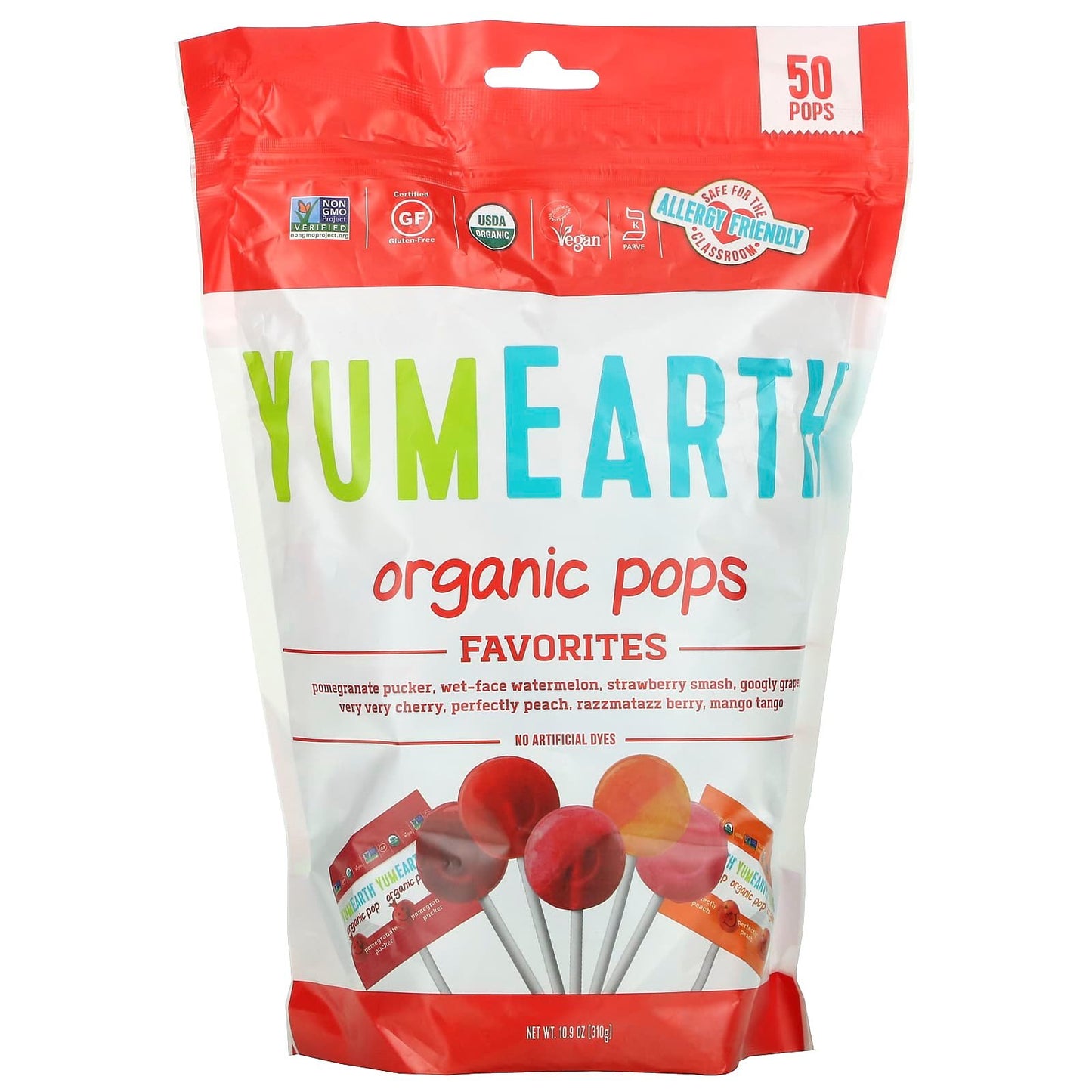 حلاوة مصاص عضوية للاطفال نكهات متنوعة 50 مصاصة 310 جم - YumEarth Organic Pops