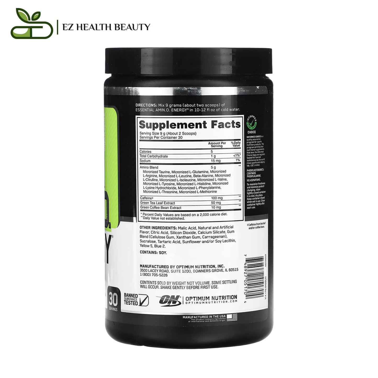 Essential Amino Energy Green Apple Optimum Nutrition - (270 g) for Raising energy levels in the body