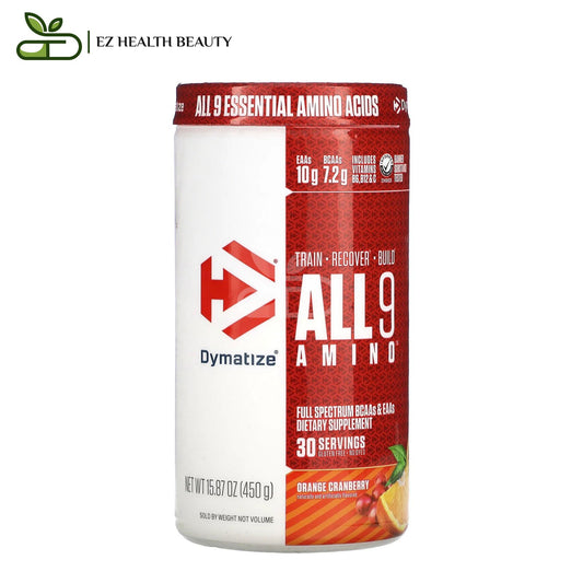 بودر الأحماض الأمينية الكاملة التسعة بنكهة البرتقال والتوت البري ALL 9 AMINo Dymatize حجم 450 جرامًا