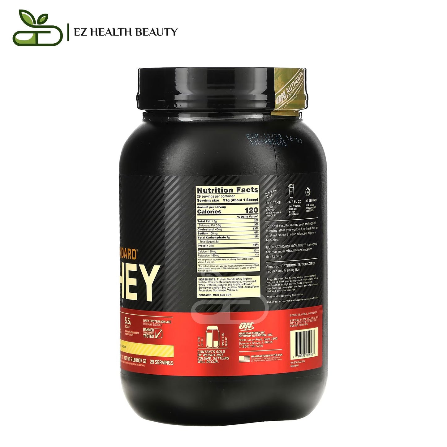 Whey Gold Standard Banana Cream Optimum Nutrition - (907 g) to build body muscles