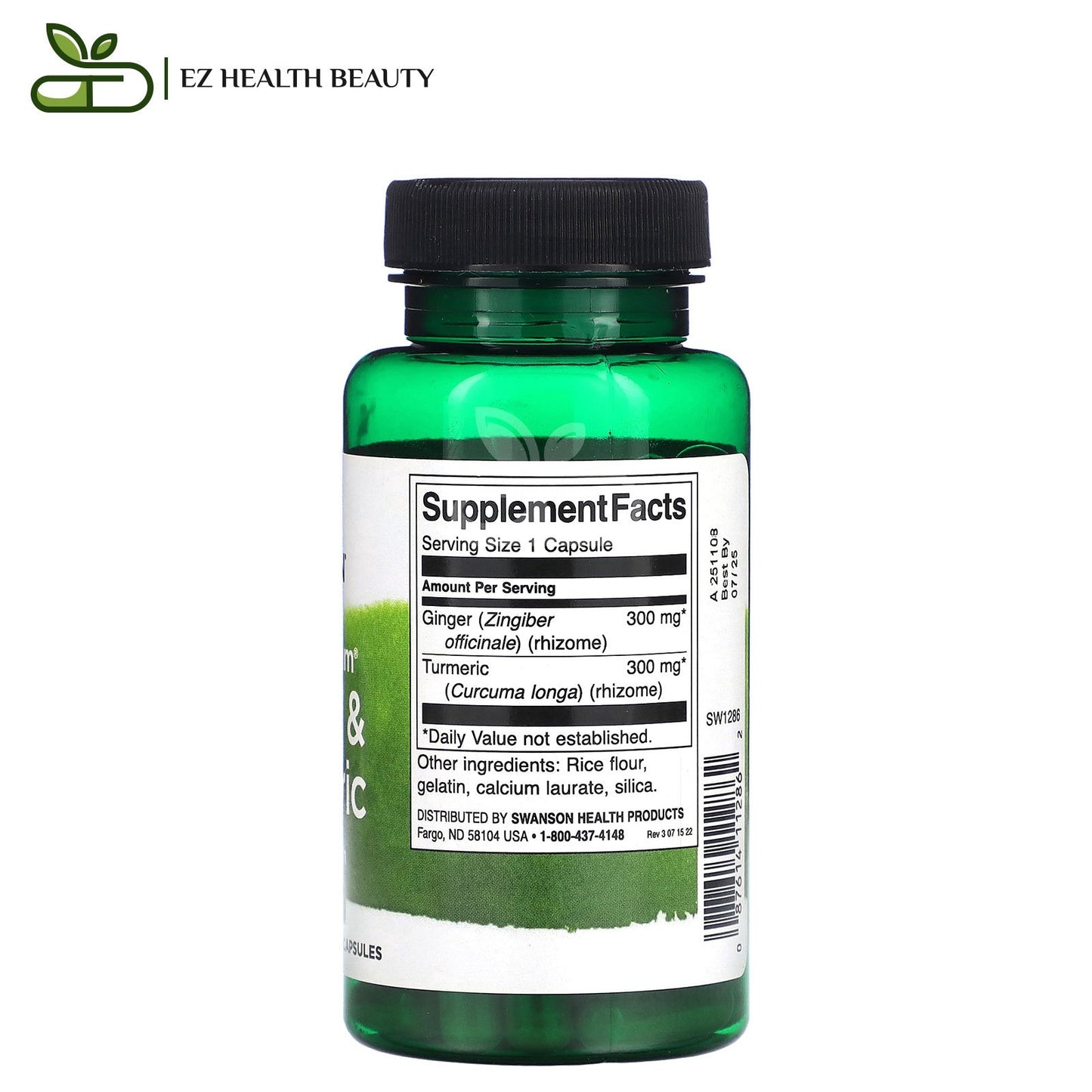 كبسولات الزنجبيل والكركم لدعم الجهاز الهضمي 60 كبسولة Full Spectrum Ginger &amp; Turmeric Capsules Swanson