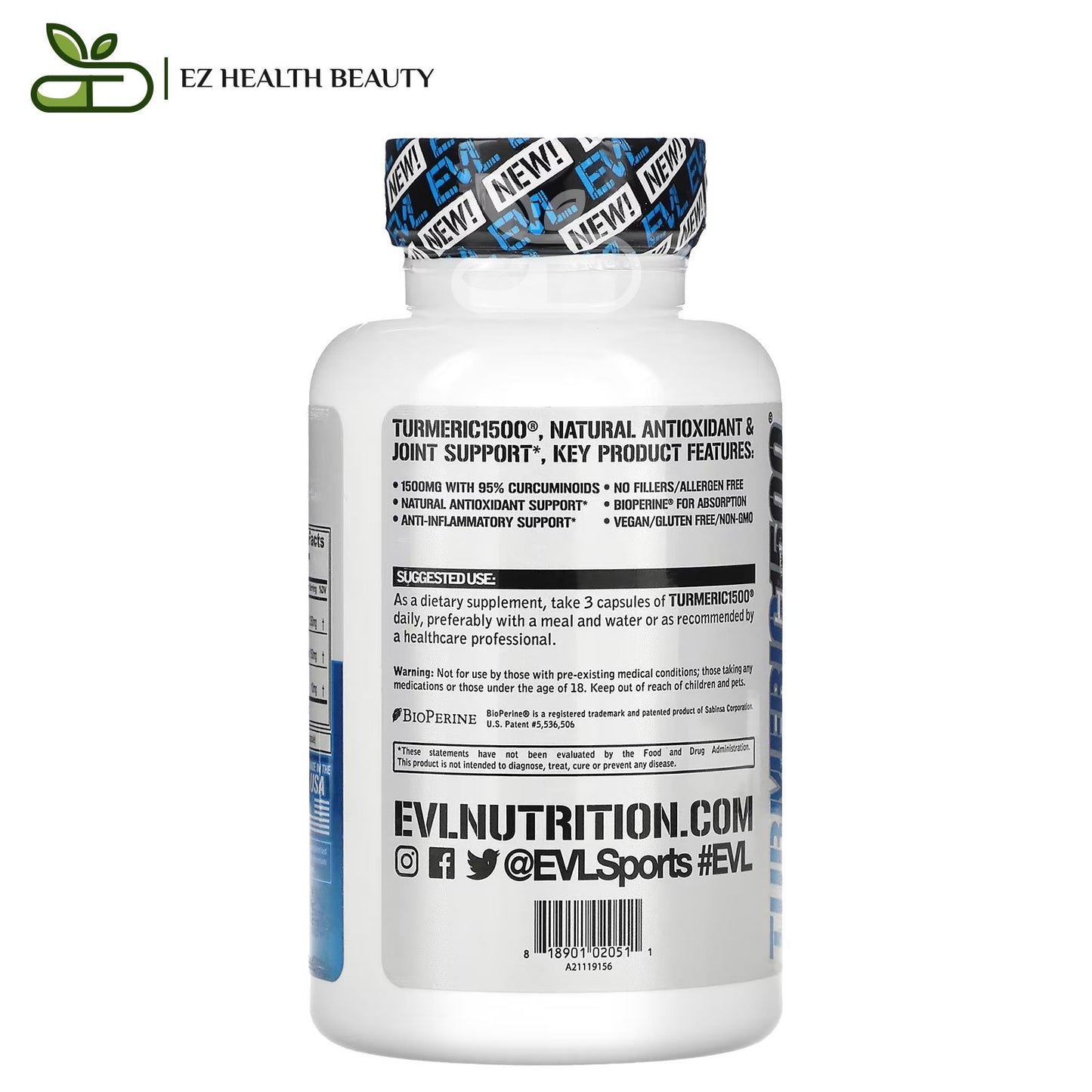 Evlution Nutrition Turmeric 1500 Turmeric Curcumin With Bioperine For Joints 90 Veggie Capsules