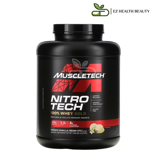 Nitro Tech Whey Gold Protein a muscle building supplement with a creamy French vanilla flavor