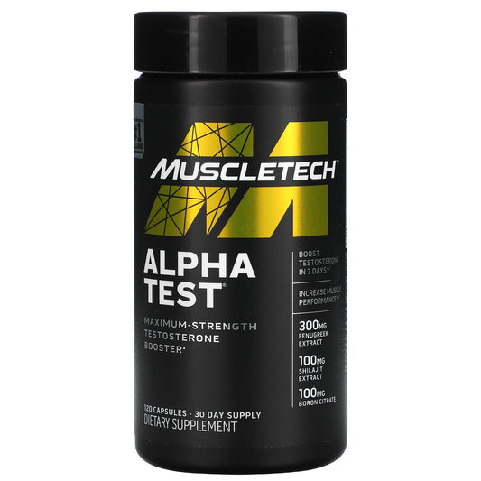 مكمل الفا تست مسل تك أفضل محفز تسترون كمال الاجسام 120 كبسولة muscletech alpha test maximum strength