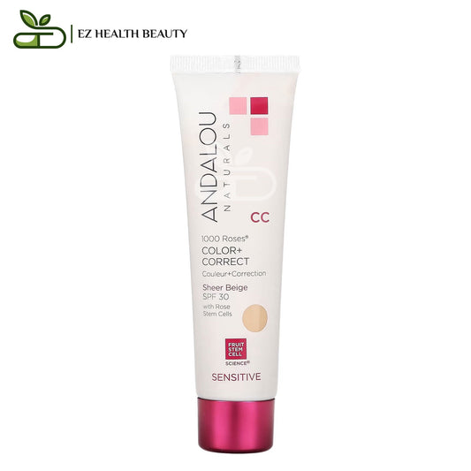 Andalou Naturals 1000 Roses CC Color + Correct, Sensitive, SPF 30, Sheer Beige, 2 fl oz (58 ml)