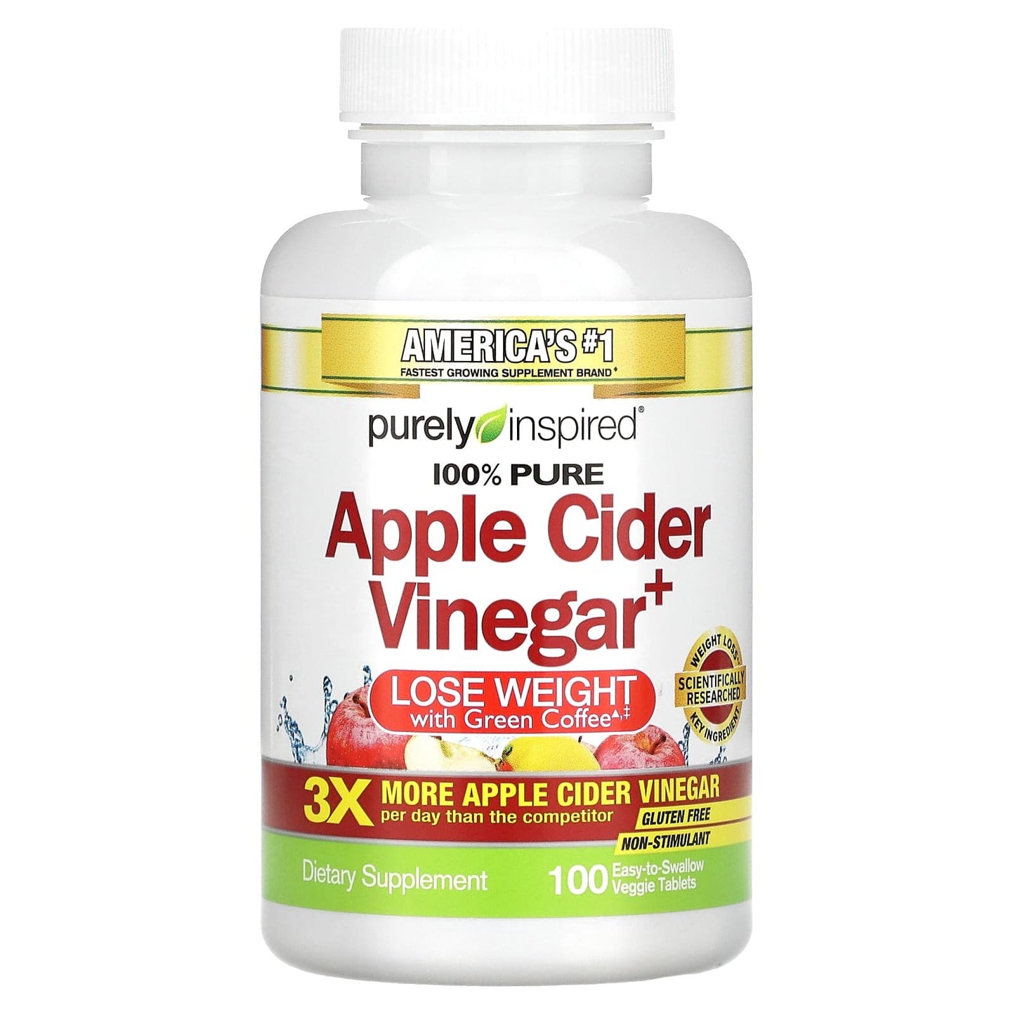 حبوب خل التفاح للتخسيس apple cider vinegar purely inspired خل التفاح+، 100 قرص نباتي سهل البلع