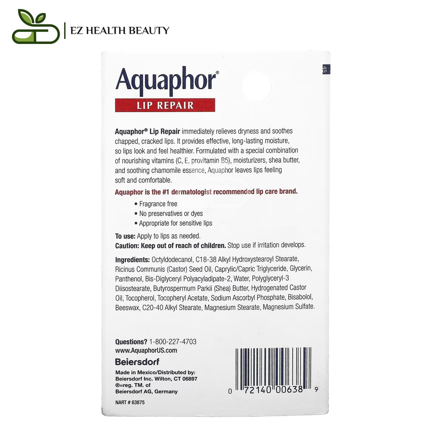 مرهم اكوافور للشفايف للعناية بالشفاه الجافة والمتشققة 10 مل (0.35 اونصة) Aquaphor lip repair immediate relief fragrance free