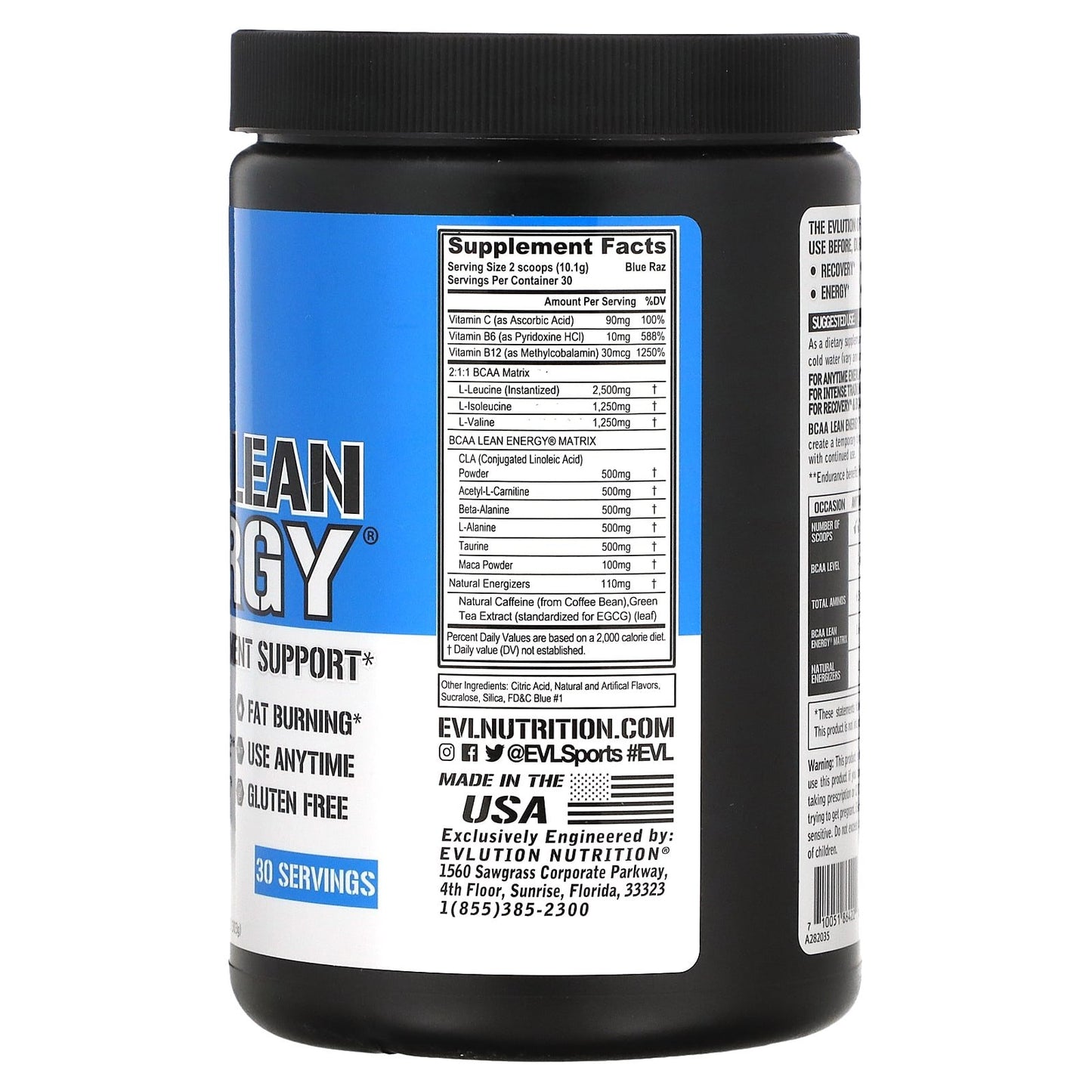 EVLution Nutrition BCAA lean energy for weight management support with Blue Raz flavour - 10.69 oz (303 g)