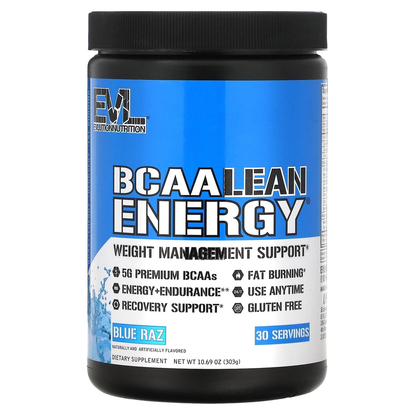 EVLution Nutrition BCAA lean energy for weight management support with Blue Raz flavour - 10.69 oz (303 g)