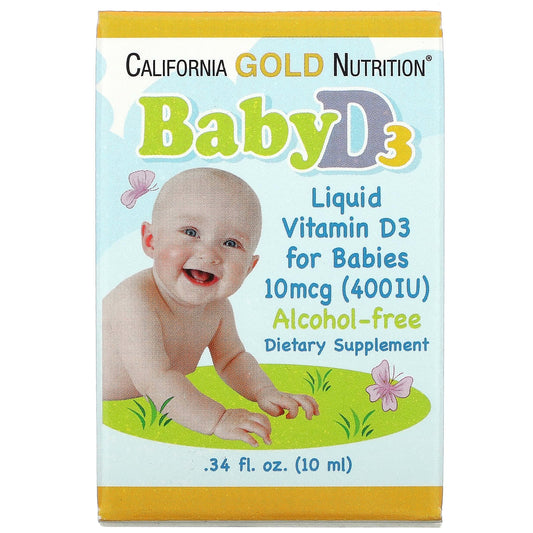 قطرات فيتامين d3 للأطفال كاليفورنيا غولد نيوتريشن لنمو العظام والاسنان 10 مل - california gold nutrition, baby vitamin d3 liquid, 10 mcg (400 iu), 0.34 fl oz (10 ml)