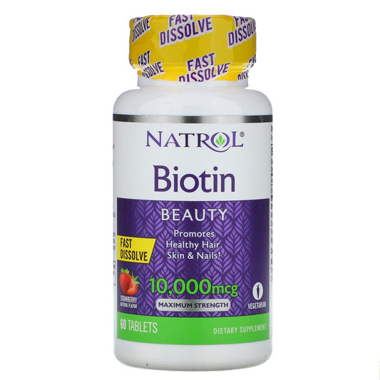 حبوب بيوتين 10000 من ناترول بطعم الفراولة 60 قرص - Natrol Biotin Beauty Maximum Strength