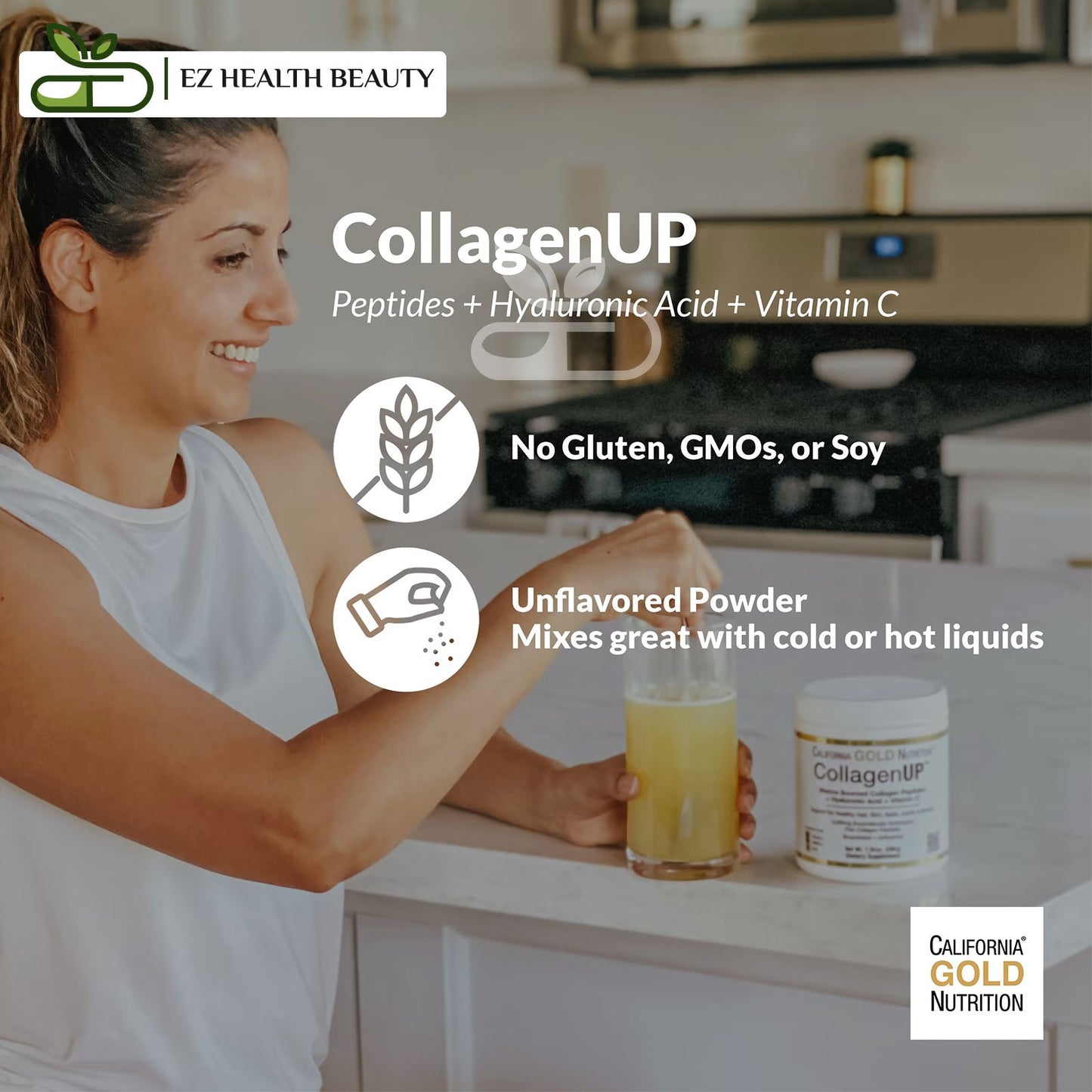 CollagenUP Hydrolyzed Marine Collagen Peptides with Hyaluronic Acid and Vitamin C To Support Hair, Skin, Nails, Joints And Bones Unflavored California Gold Nutrition 7.26 oz (206 g)