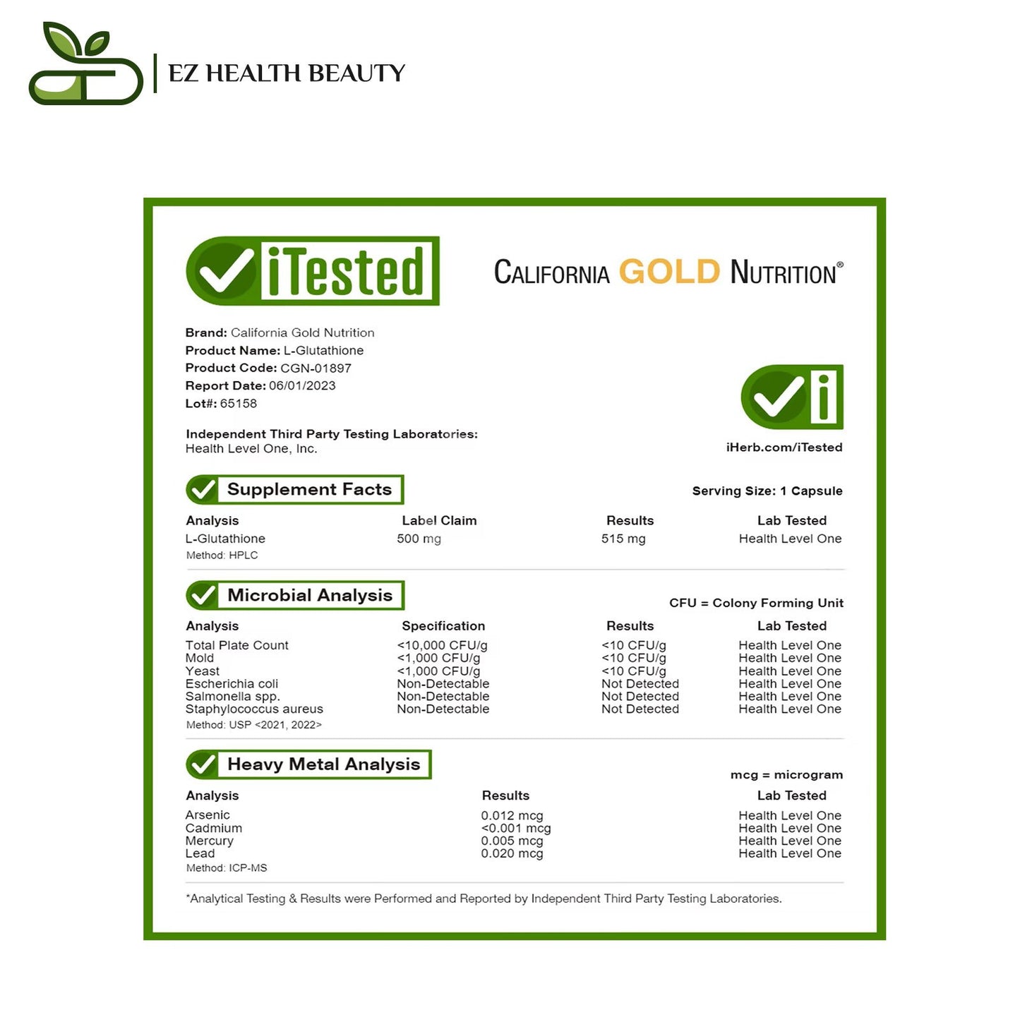 California Gold Nutrition L-Glutathione (Reduced) 500 mg, 30 Veggie Capsules to support immune system