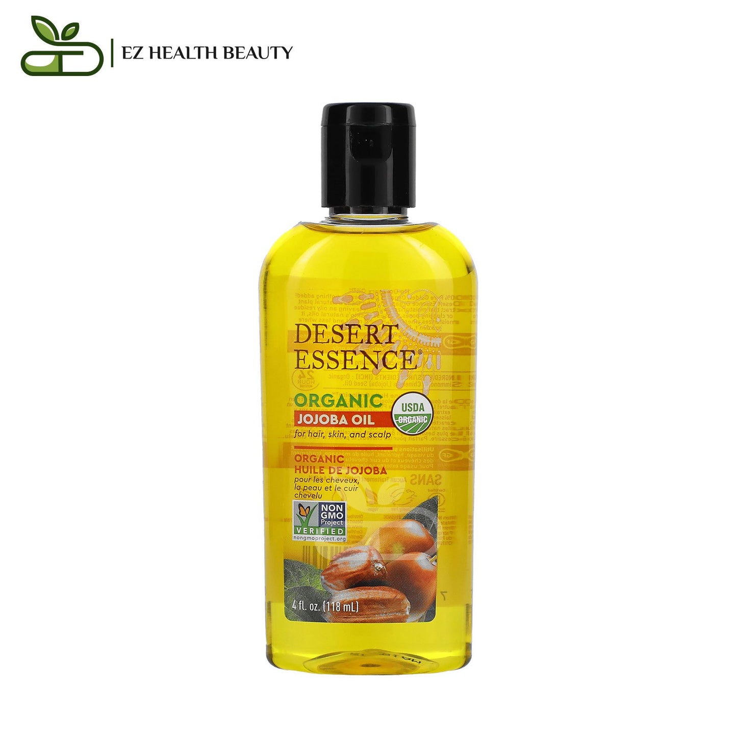 Organic Jojoba Oil For Hair, Skin and Scalp Desert Essence 4 fl oz (118 ml)