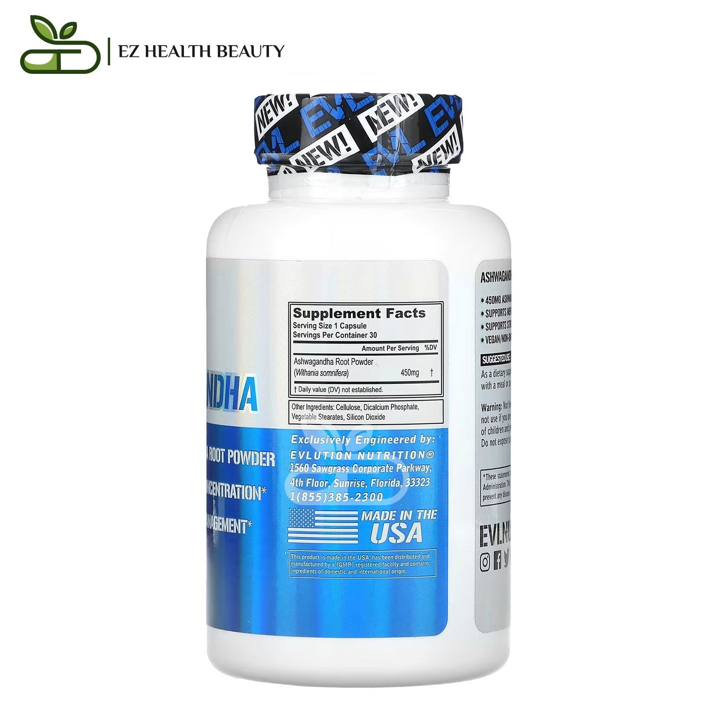 كبسولات اشواغاندا لدعم التركيز والدماغ 30 كبسولة نباتية EVLution Nutrition Ashwagandha 450 mg