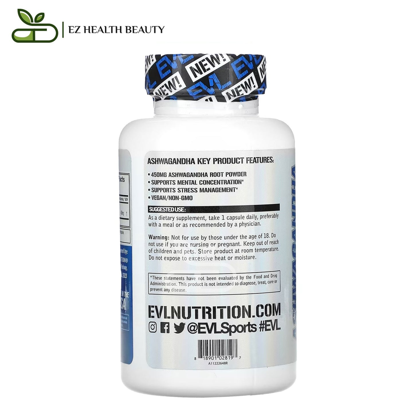 كبسولات اشواغاندا لدعم التركيز والدماغ 30 كبسولة نباتية EVLution Nutrition Ashwagandha 450 mg