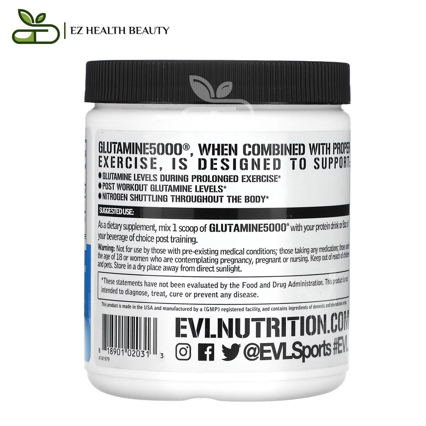 EVLution Nutrition glutamine supplement for muscle growth Unflavored 5000 mg - 10.58 oz (300 g)