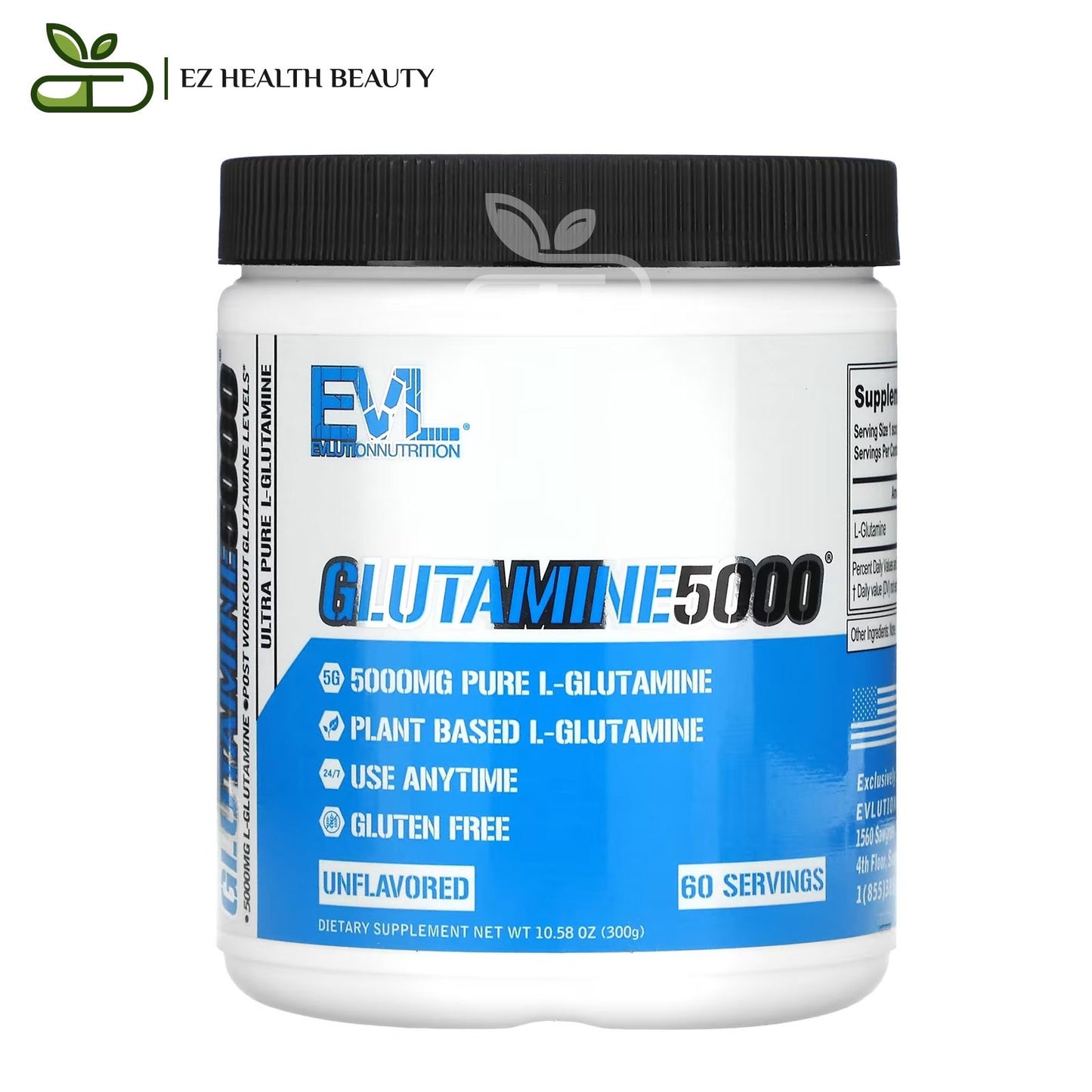 فيتامين جلوتامين لبناء العضلات خالي من النكهات ايفلويشن نوتريشن 10.58 أونصة (300 جم) EVLution Nutrition Glutamine5000 Unflavored 5,000 mg