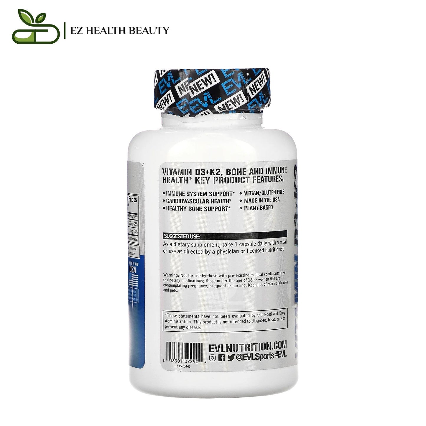 Vitamin D3 K2 To Support Cardiovascular and Bone Health EVLution Nutrition 60 Veggie Capsules