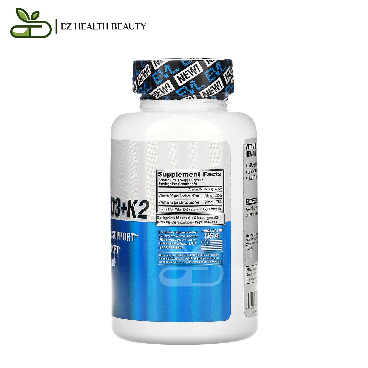 Vitamin D3 K2 To Support Cardiovascular and Bone Health EVLution Nutrition 60 Veggie Capsules