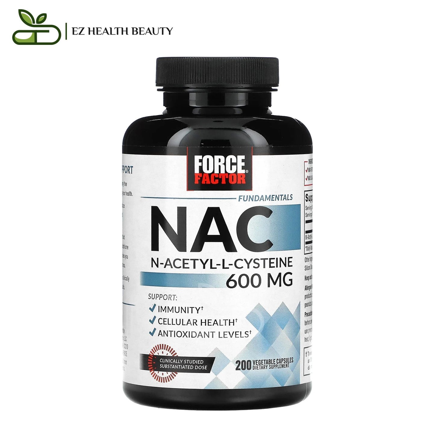 NAC Supplements N-Acetyl-L-Cysteine To Support Immunity And Cellular Health Force Factor Fundamentals 600 mg 200 Vegetable Capsules