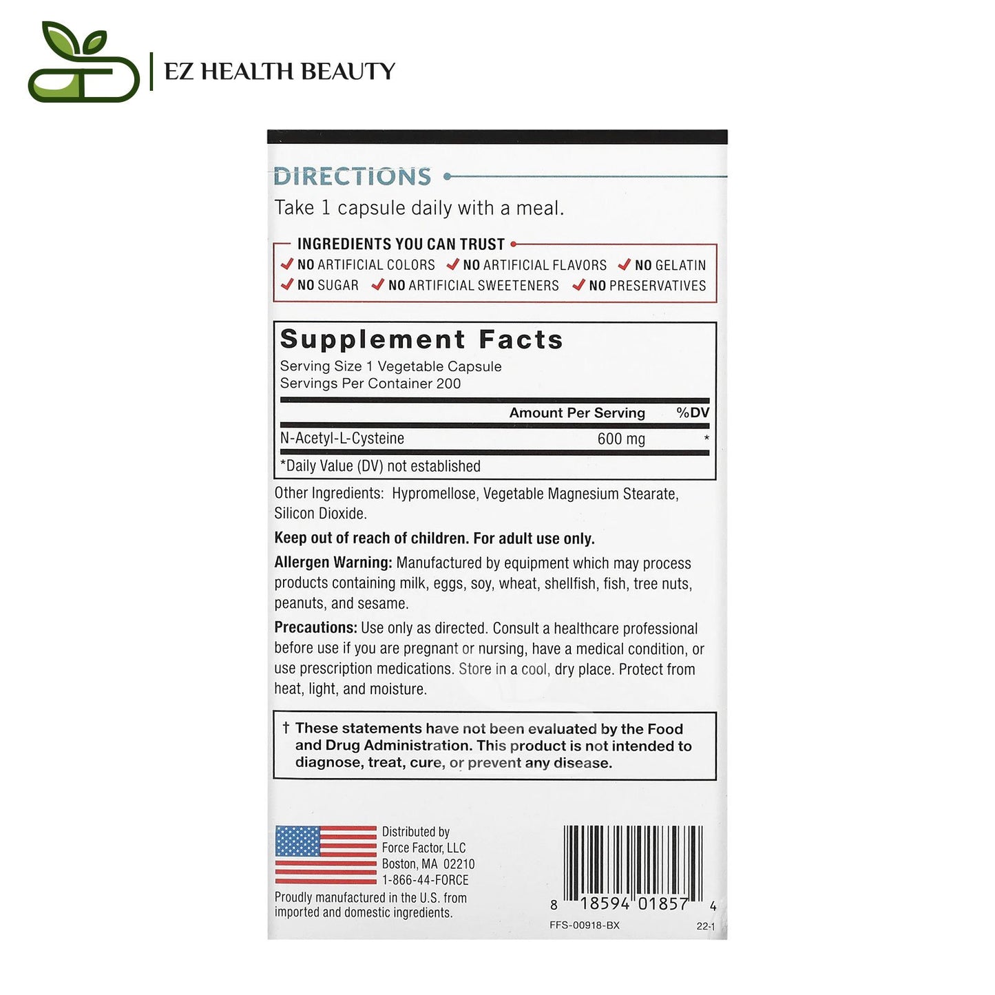 دواء استيل سستايين لدعم المناعة وصحة الخلايا 600 مجم 200 كبسولة NAC, N-Acetyl-L-Cysteine Force Factor