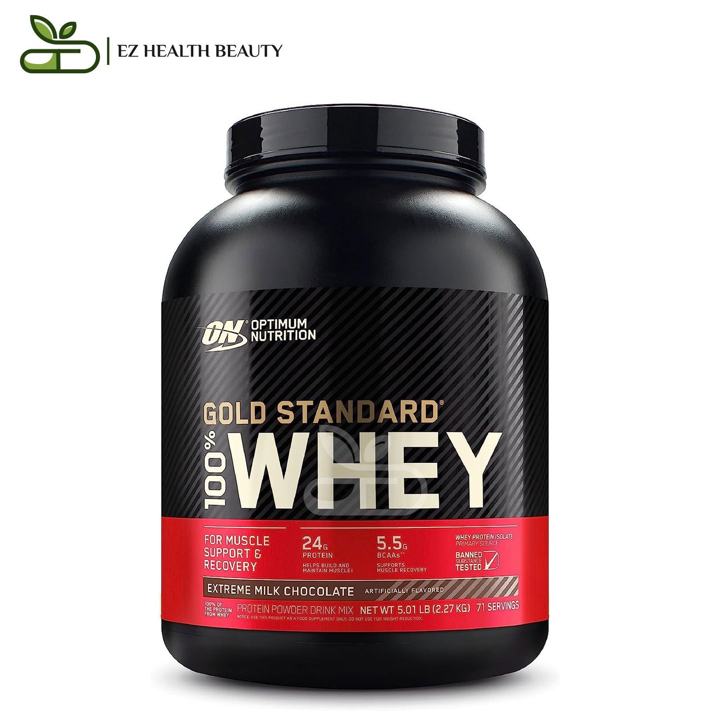 المكمل Whey gold standard لبناء العضلات أوبتيموم نيوتريشن | واي بروتين جولد ستاندرد بنكهة الشيكولاتة بالحليب 2.27 كجم