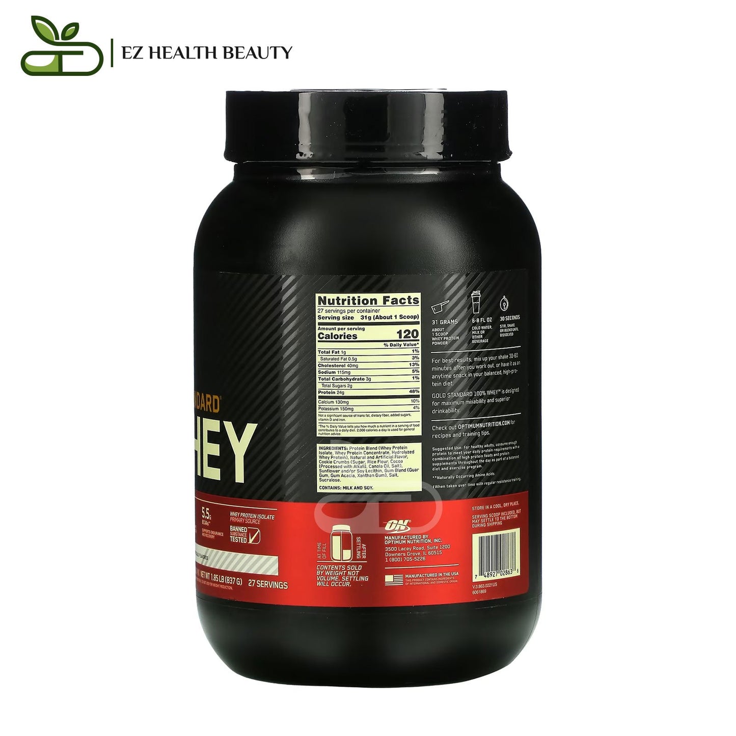 المكمل Gold Standard Whey أوبتيموم نيوتريشن بنكهة الكعك والكريمة | واي بروتين جولد ستاندرد 837 كجم