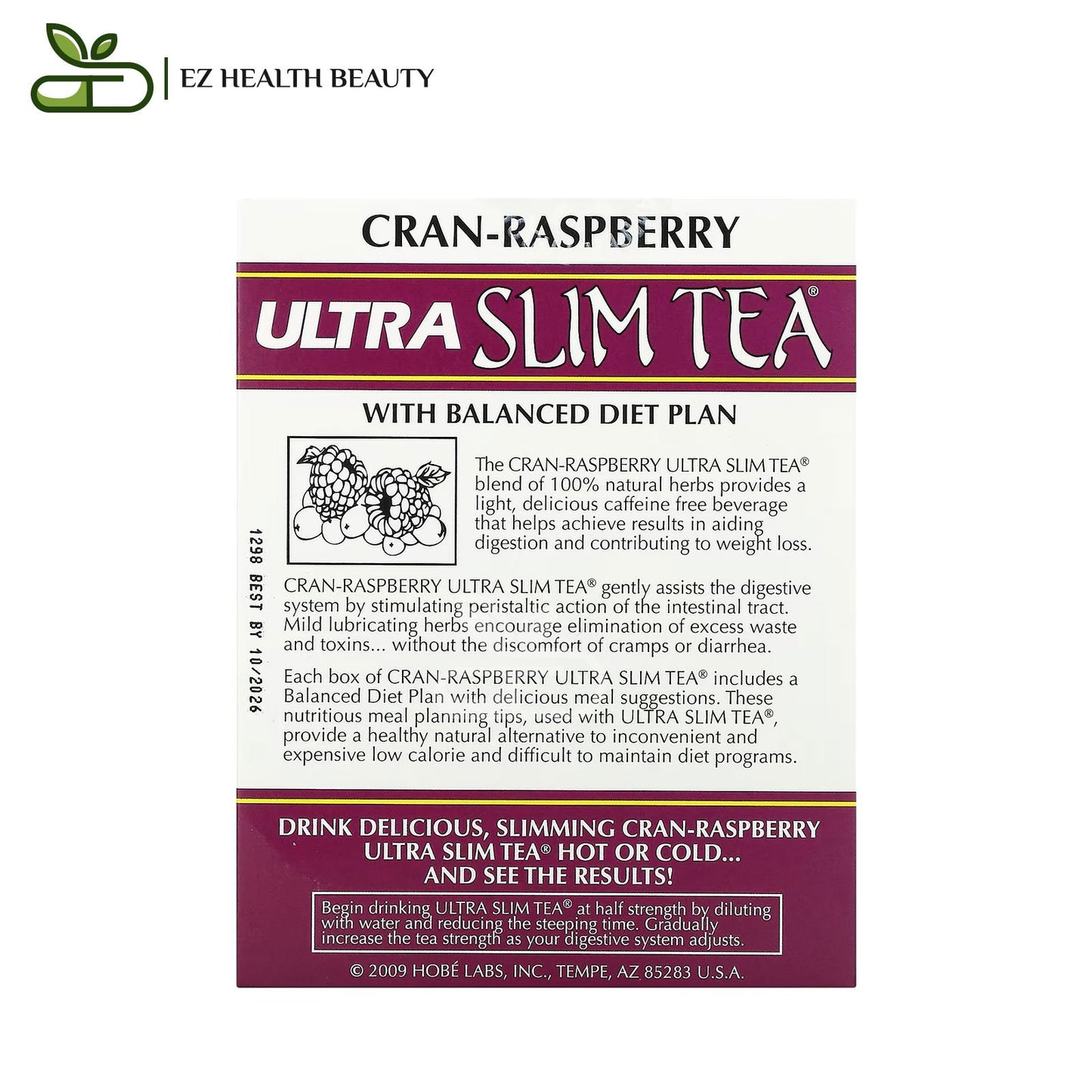 Ultra Slim Herbal Tea To Loss Weight Cran-Raspberry Caffeine Free Hobe Labs 24 Herbal Tea Bags 1.69 oz (48 g)