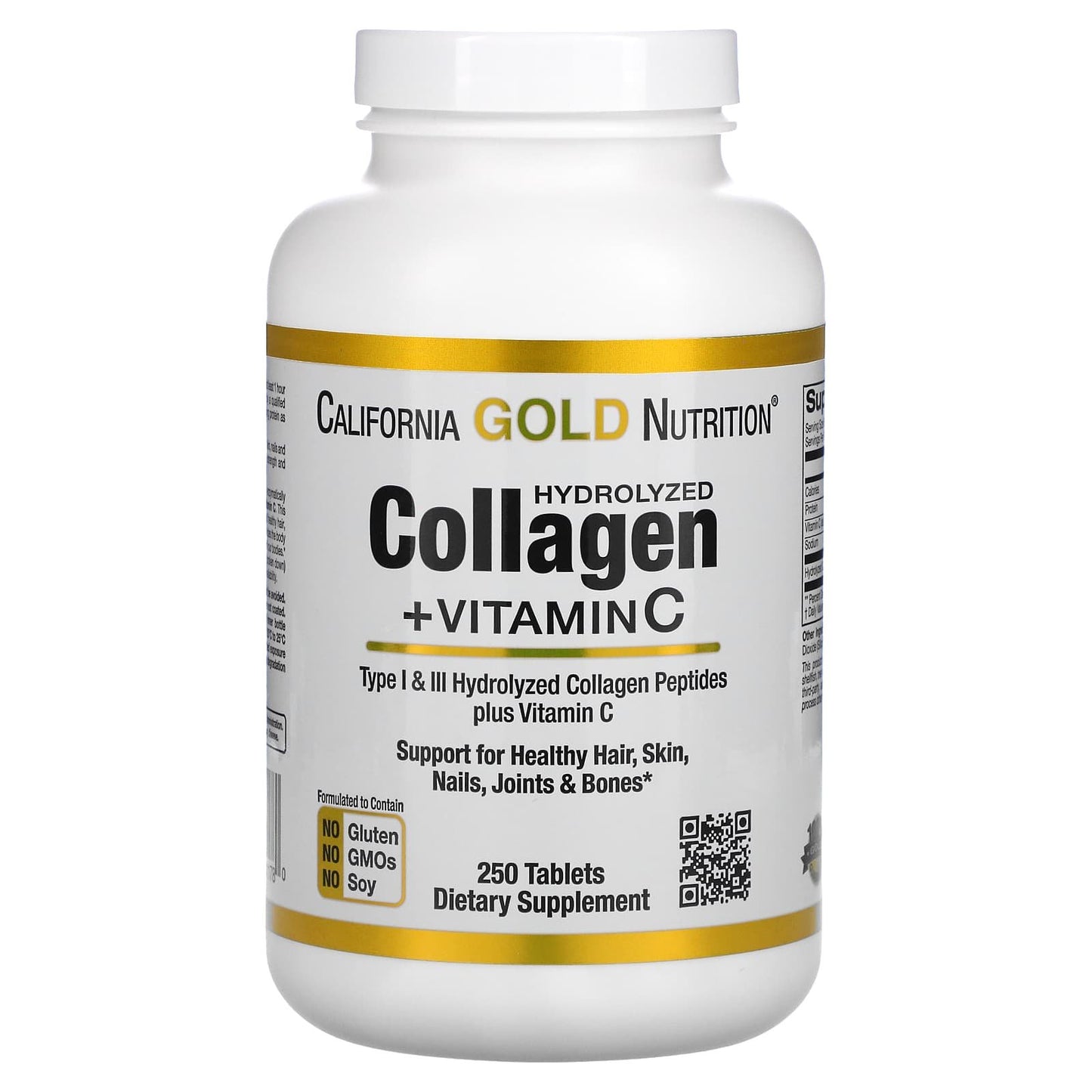 California Gold Nutrition Hydrolyzed Collagen Peptides + Vitamin C - Type I &amp; III - 250 Tablets