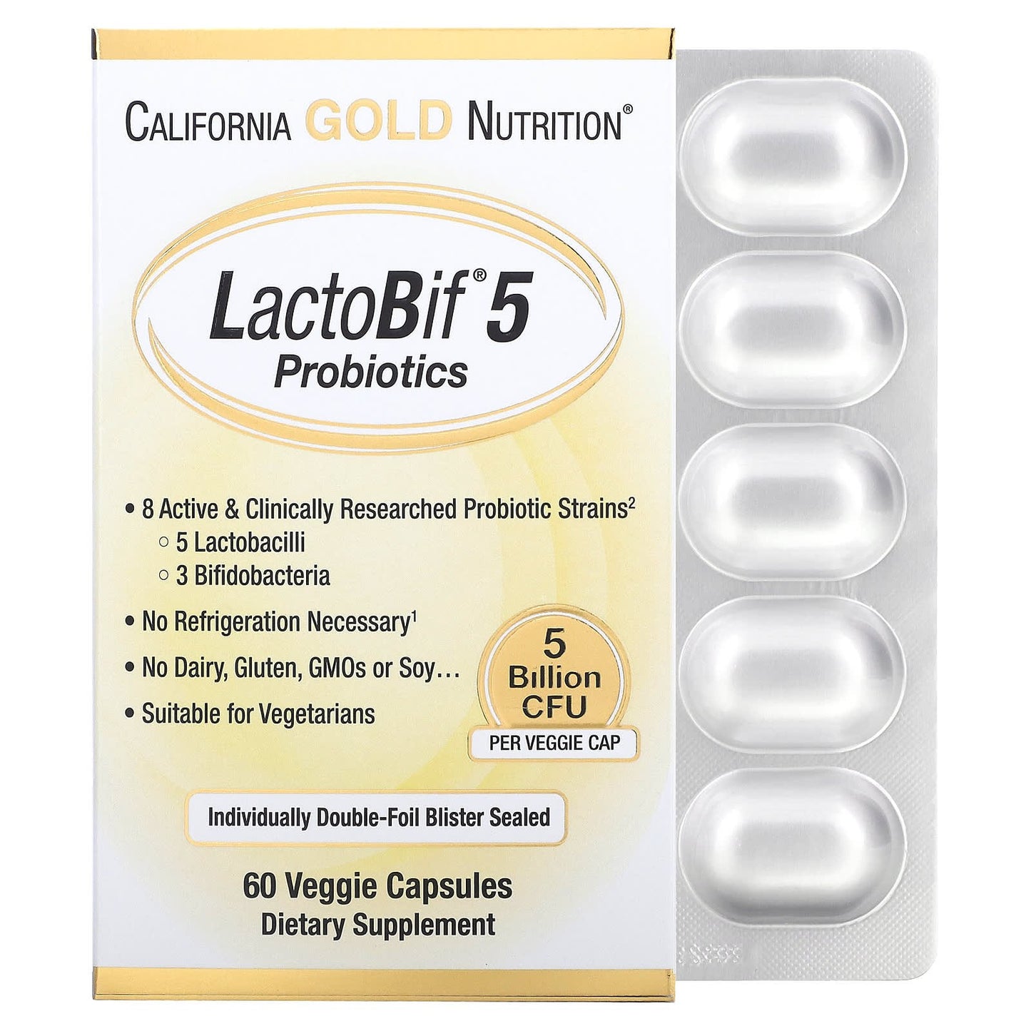 lactobif probiotics حبوب لتطهير الامعاء والقولون والحفاظ على دعم الجهاز الهضمي 60 كبسولة 5 بليون وحدة - lactobif 5 Probiotics California Gold Nutrition