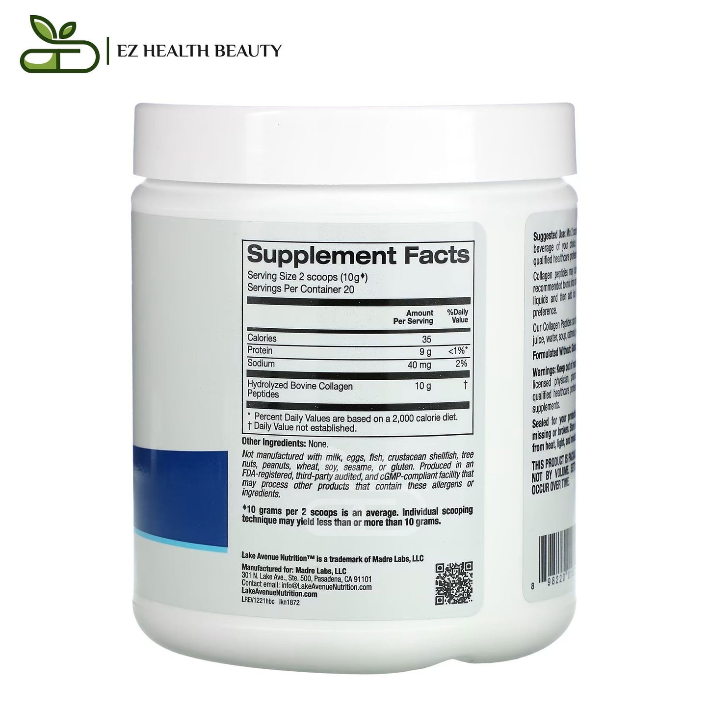 Hydrolyzed Collagen Peptides Type I & III To Promote Healthy Hair, Skin, Nails, Joints And Bones Unflavored Lake Avenue Nutrition 7.05 oz (200 g)