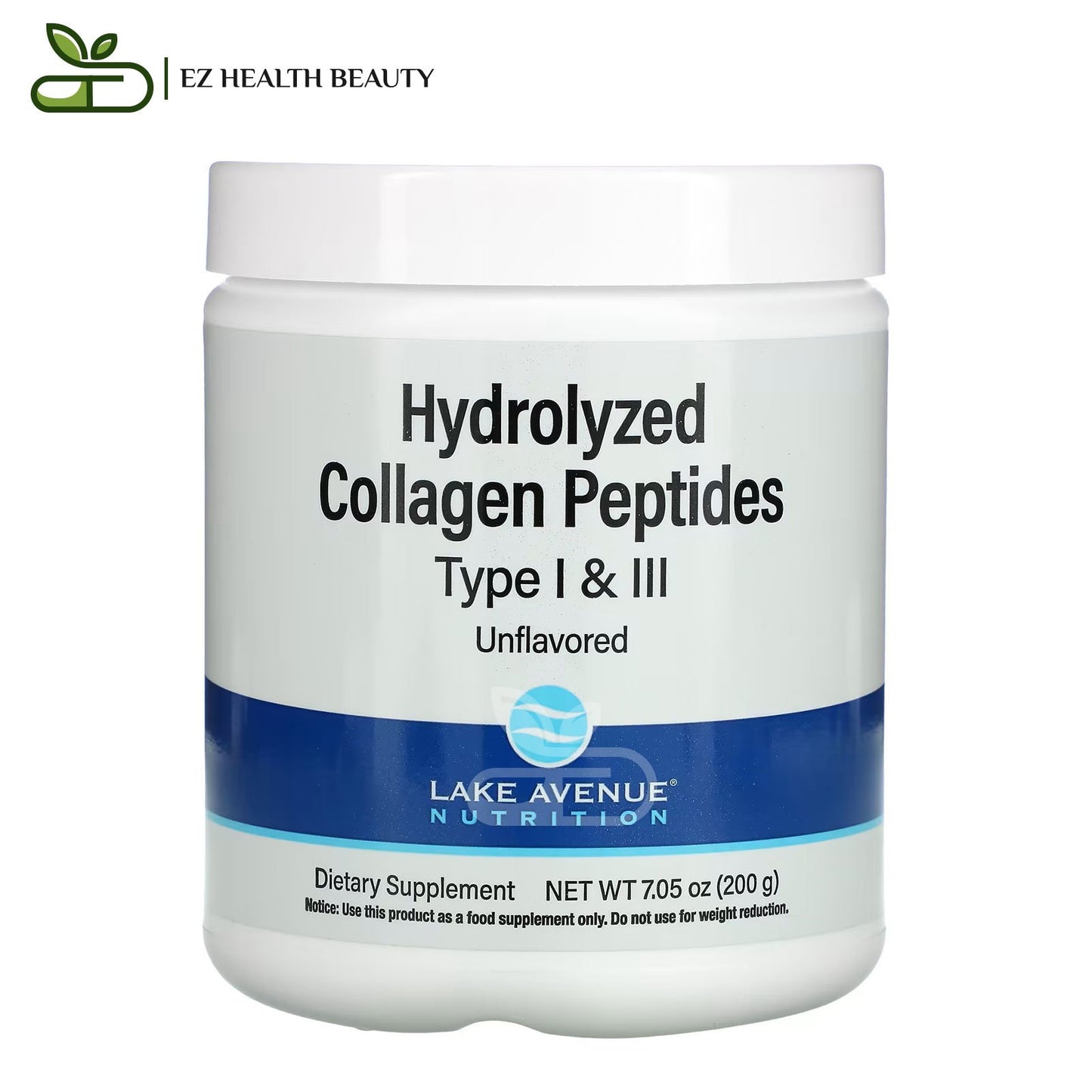 Hydrolyzed Collagen Peptides Type I & III To Promote Healthy Hair, Skin, Nails, Joints And Bones Unflavored Lake Avenue Nutrition 7.05 oz (200 g)