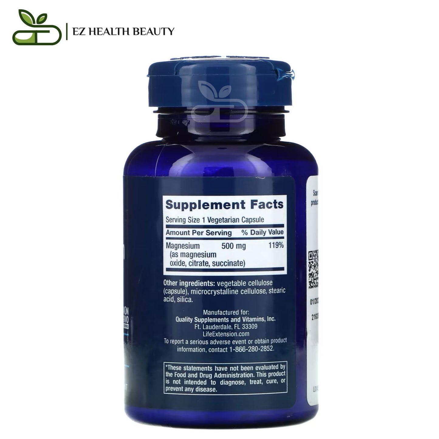 حبوب ماغنسيوم لدعم صحة القلب والاوعية الدموية 100 قرص نباتي Life extension magnesium caps 500 mg