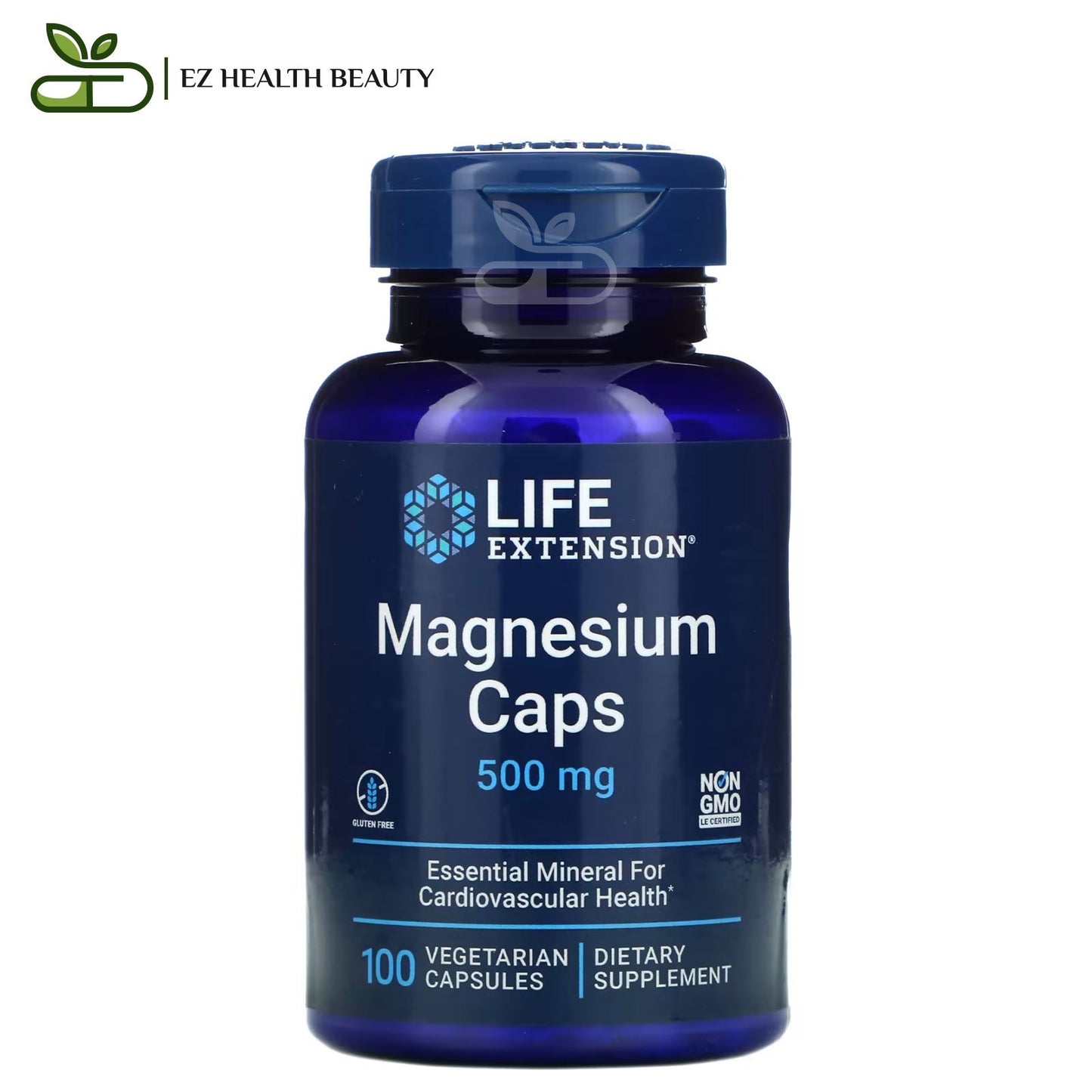 حبوب ماغنسيوم لدعم صحة القلب والاوعية الدموية 100 قرص نباتي Life extension magnesium caps 500 mg