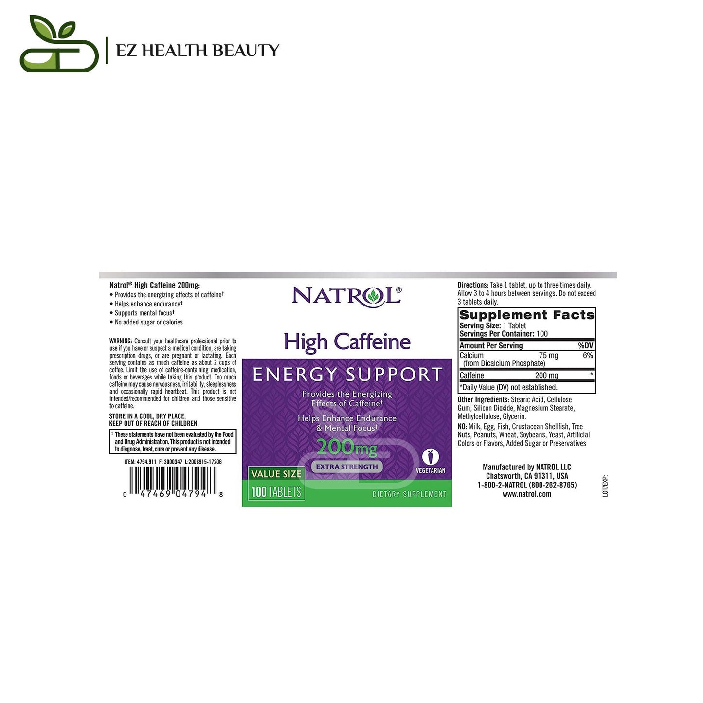 Natrol High Caffeine Extra Strength 200 mg, 100 Tablets