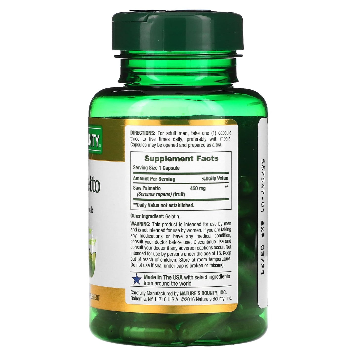 Nature's bounty saw palmetto 450 mg 100 capsules to promote healthy prostate and urinary